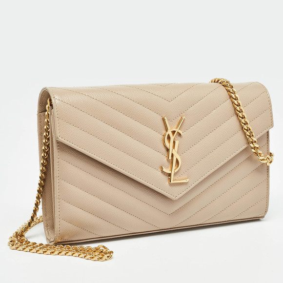 Saint Laurent Beige Matelasse Leather Monogram Envelope Wallet on Chain - Picture 3 of 8